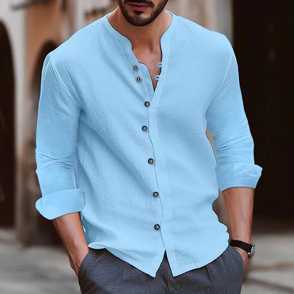 Men's Solid Color Cotton Linen Casual Button Long Sleeved Shirt