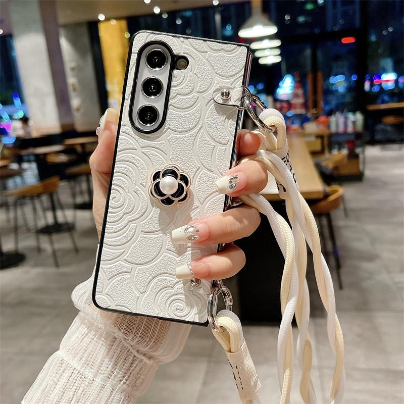 Чехол для телефона с цветком из кожи через плечо для Samsung Galaxy Z Fold 6 5 4 3 Fold6 Fold5 Fold4 Fold3 5G Hard Shell Противоударный чехол