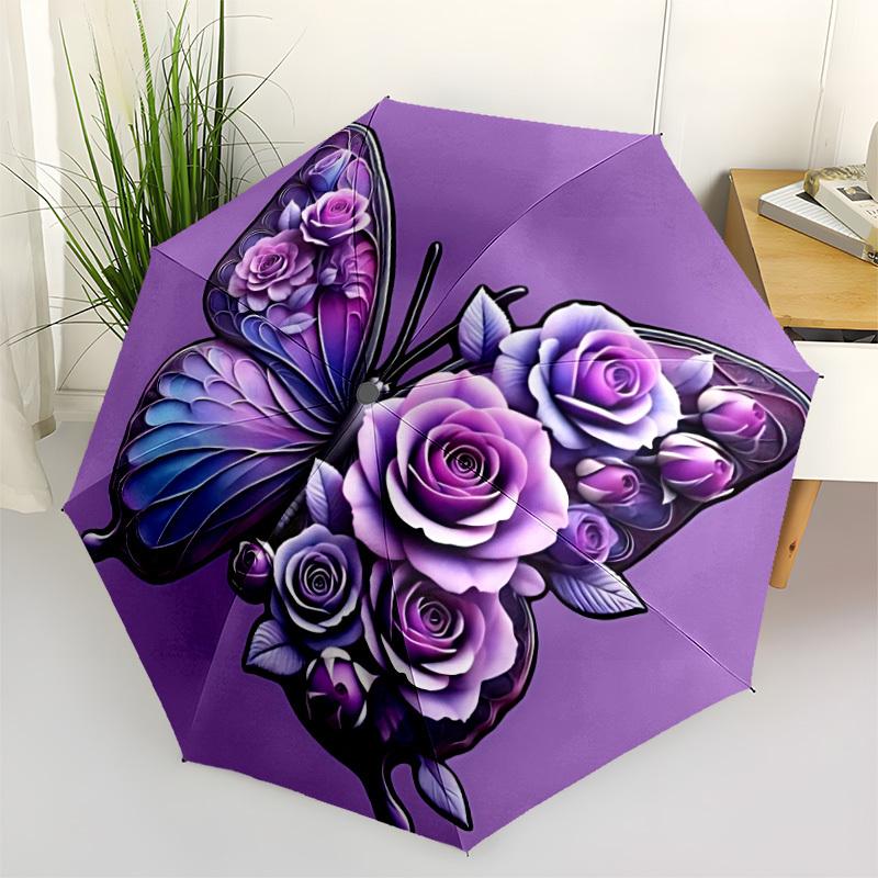 1pc Butterfly Roses Umbrella Portable Folding Umbrella Durable Iron Frame, Suitable for All Seasons Home Travel Outdoor yy260319009