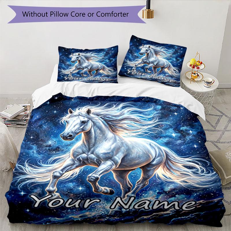 3PC Custom Name Galactic Horse Dreams Bedding Set Duvet Cover Closure Includes 1 Duvet Cover & 2 Pillowcases for Bedroom