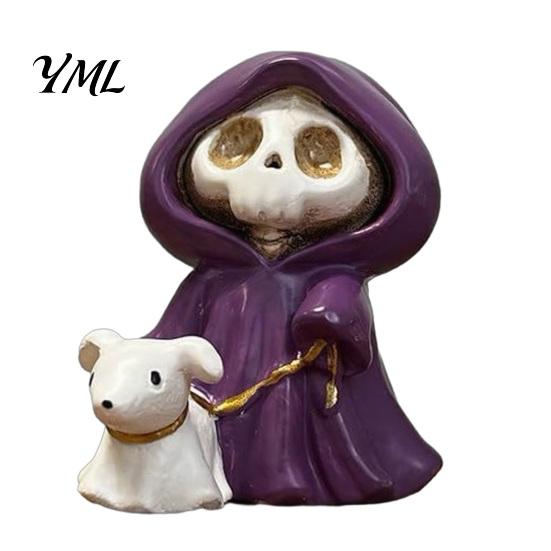 Purple Robe Skeleton Figurine for Halloween, Middle Finger Tabletop Display Figure Resin Statue, Gothic Walking Dog Sculpture Ornament Decorative
