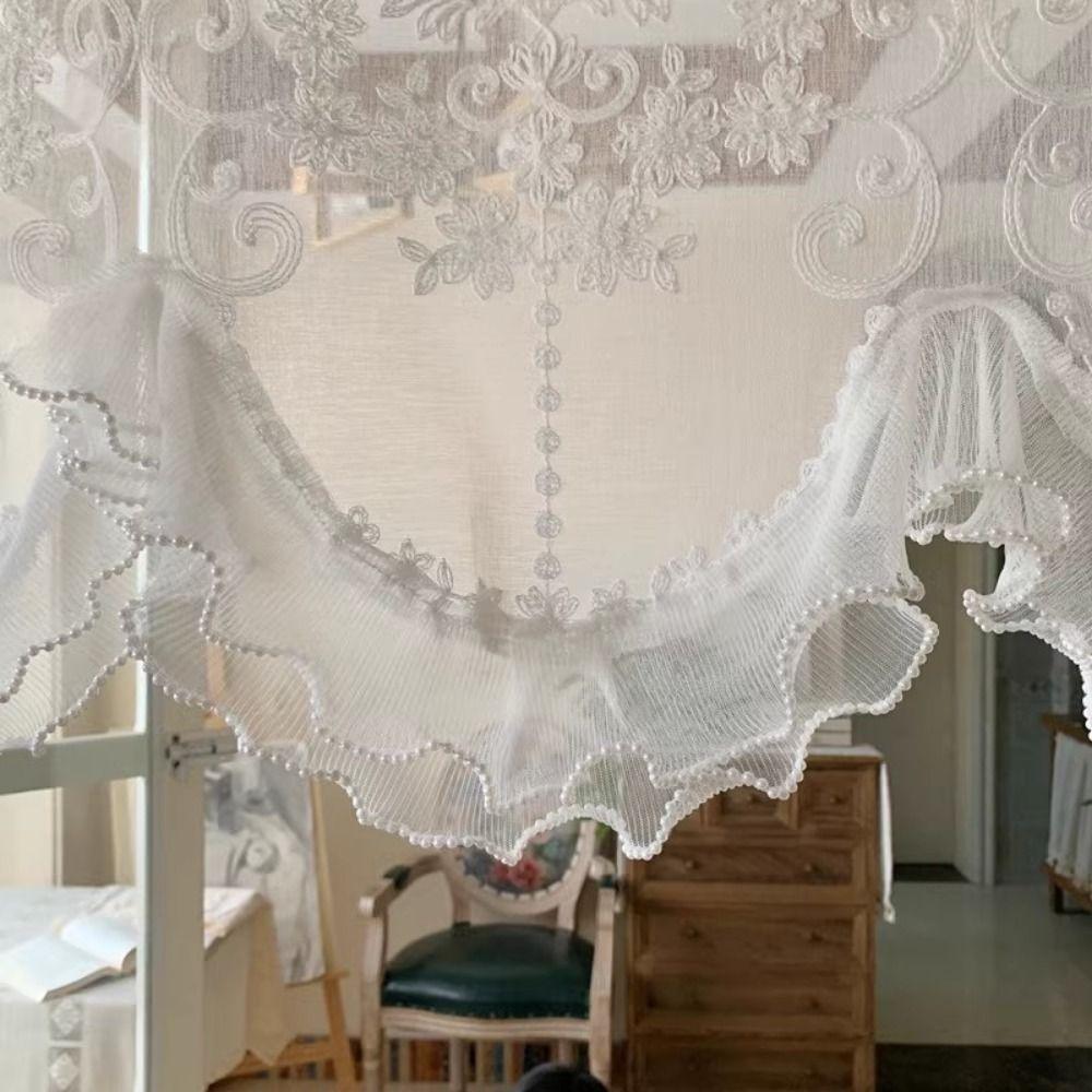 Wavy Edge Beaded Half Yarn Drapes Double Pearls Lace Bottom Floral Short Tulle Drapery  Farmhouse