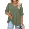 Женская мода Большой размер Однотонный топ с V-образным вырезом и рукавом три четверти