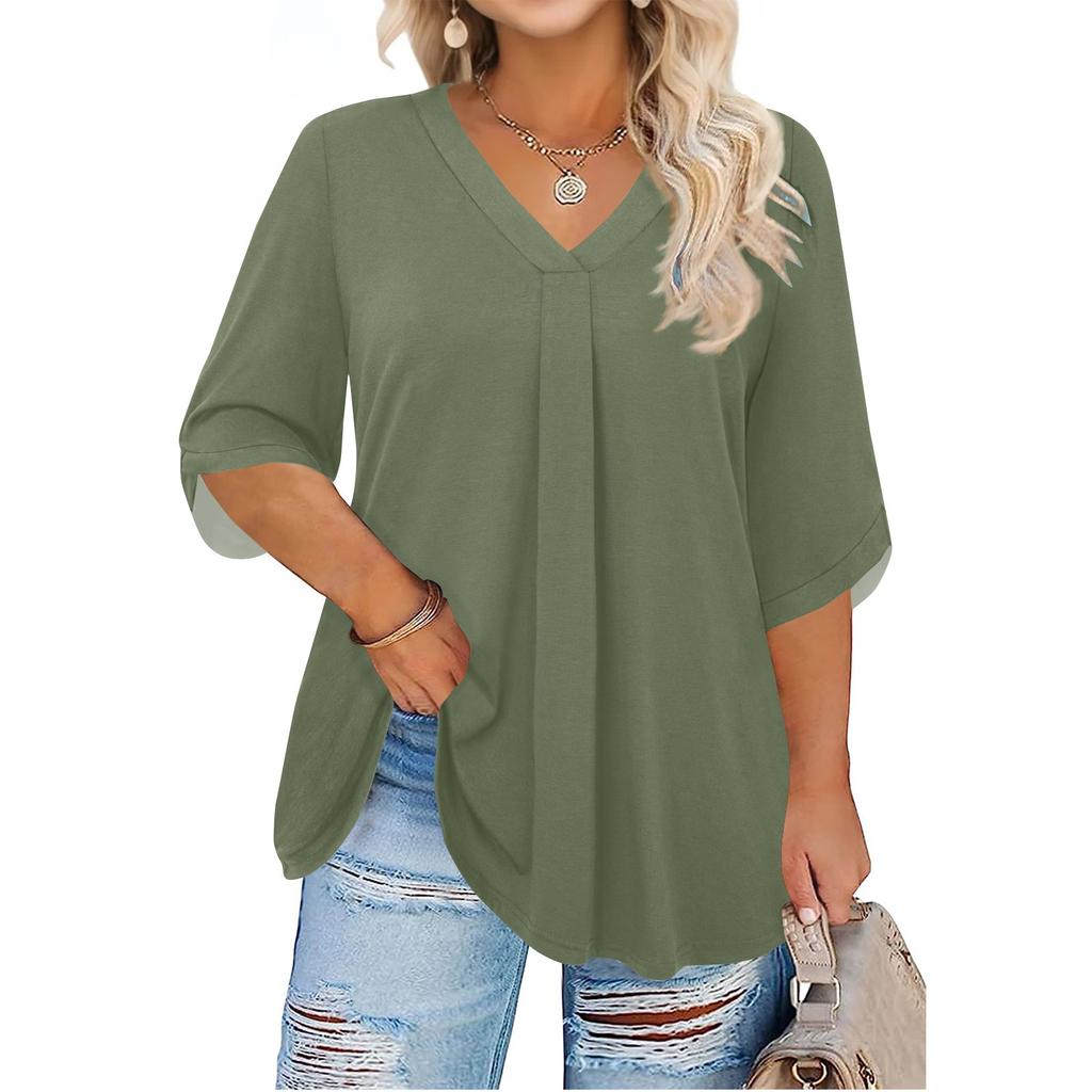 Женская мода Большой размер Однотонный топ с V-образным вырезом и рукавом три четверти