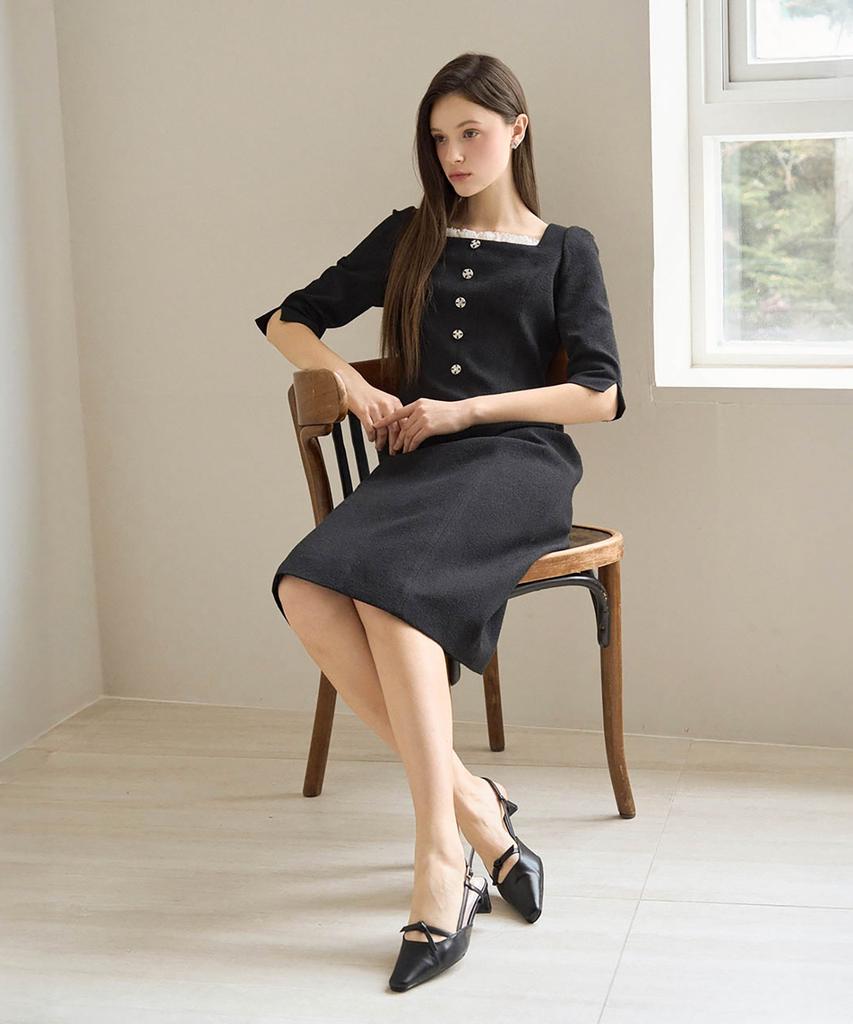 Julie And Kara 25Ss Collar 112 One Fine Day Moir Tweed Dress Black