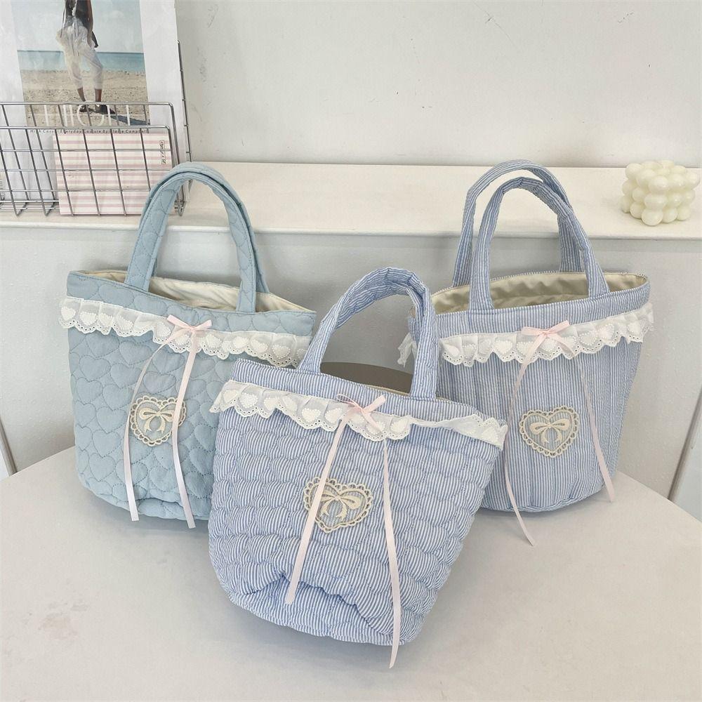 Large Capacity Bucket Bag Korean Style Fresh Lace Lunch Bag Portable Bowknot Handbag Travel