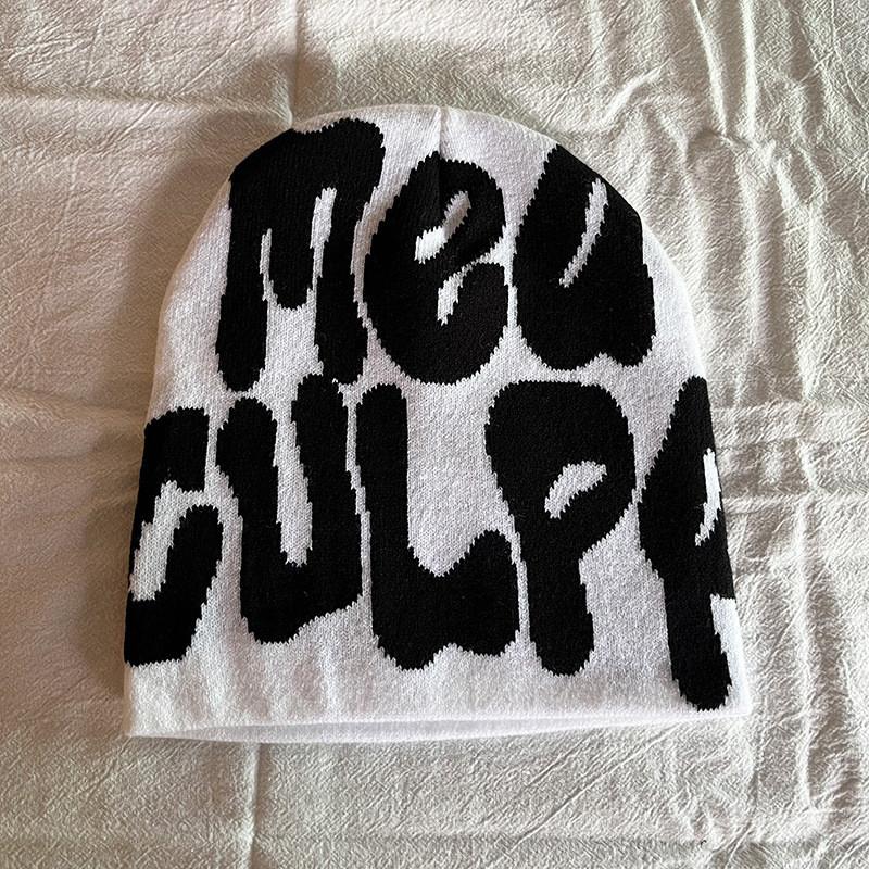 Acrylic Knit Beanie Hat With Embroidered Letters For Streetwear Fashion In Winter Season
