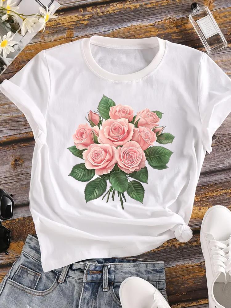 (Азиатский размер) Одежда Повседневная Цветочная Милая Растительная Тенденция Модная Футболка С Коротким Рукавом Женская Футболка С Принтом Женская Графическая Футболка