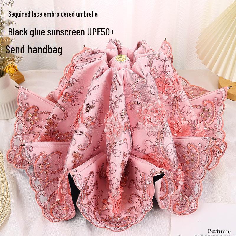 Черный зонт с вышивкой в стиле ретро и защитой от УФ-излучения - двойного назначения для женщин