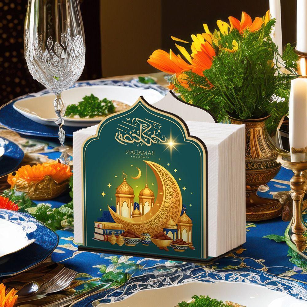Деревянная коробка для салфеток Eid Mubarak Декоративная коробка для хранения салфеток большой емкости Диспенсер для салфеток с противоскользящим основанием Празднование Ид аль-Фитр