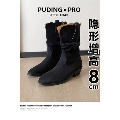 Ретро Ковбойские Сапоги 2025 Осень и Зима Новые Круглый Носок Коровья Замша Складные Женские Сапоги Толстый Каблук Средние Сапоги Сапоги на Меху Женские Сапоги