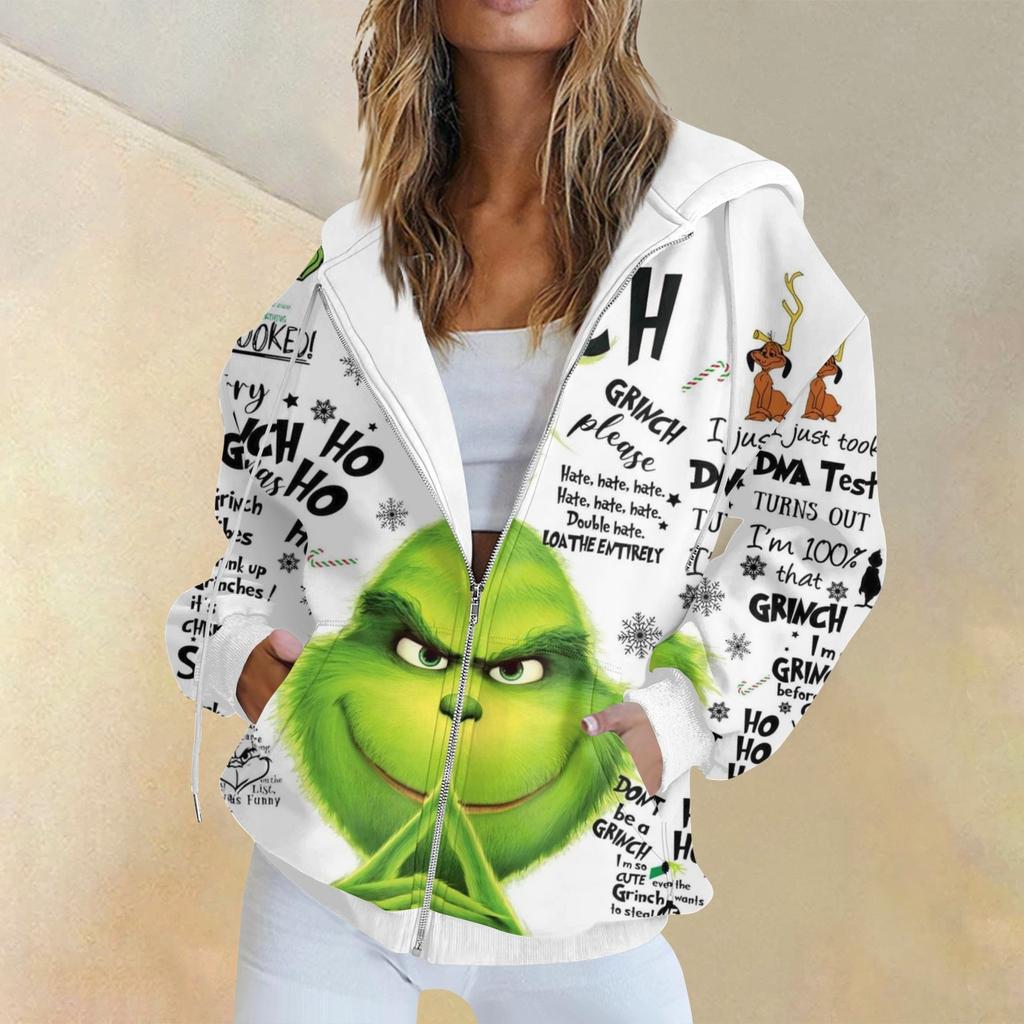 Women's Fashion Casual Christmas Print Long Sleeve Sweatshirt Pocket Jacket Zipper Hoodie Coat