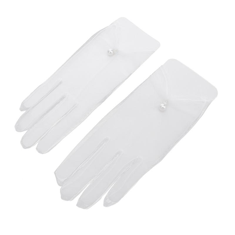 Women Bridal Elegant Wedding Short Gloves Mesh Satin Beaded Pearl Gloves Evening Dress Accessories