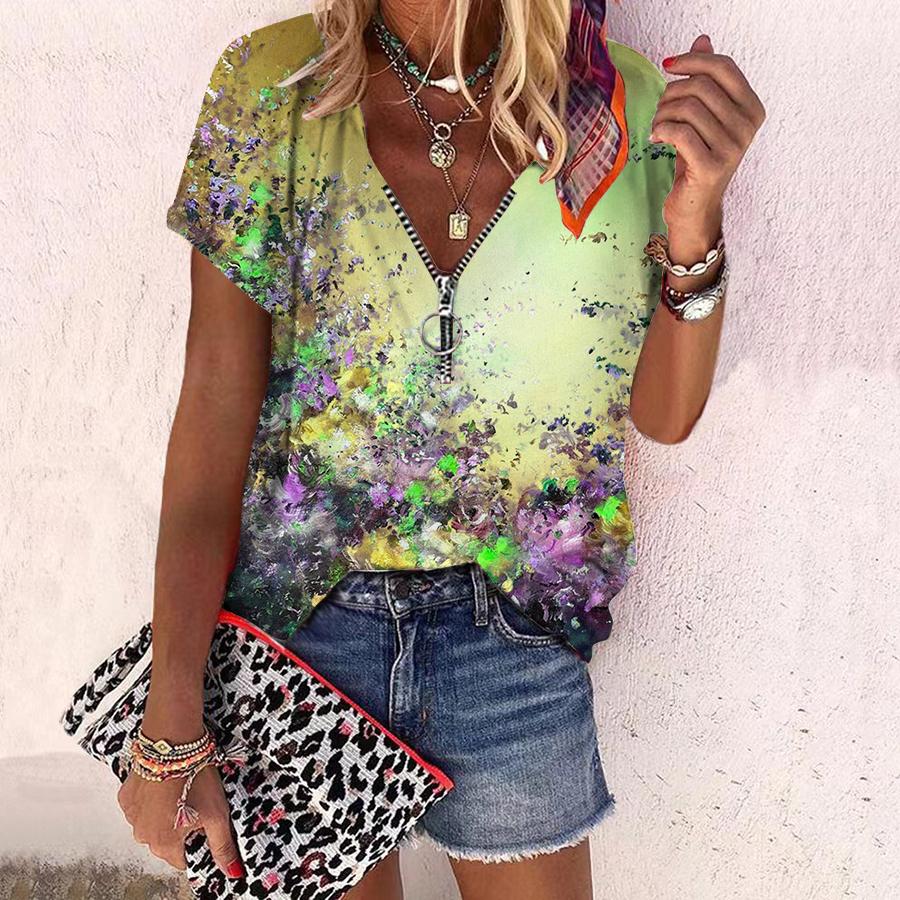 Женский топ, летний новый модный топ с цветочным принтом и принтом, повседневный топ на молнии с v-образным вырезом и короткими рукавами