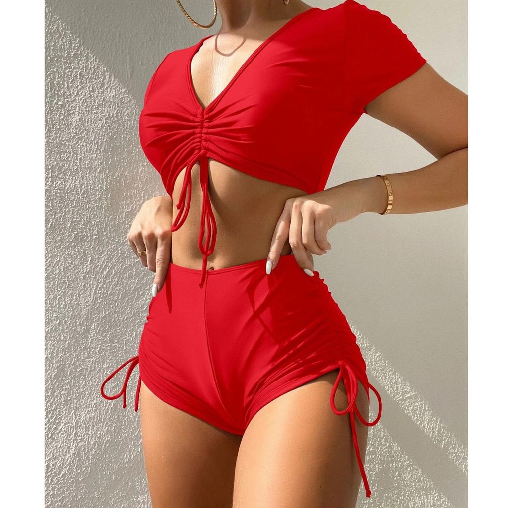 Women's Sexy Split High Waisted Short Sleeved Swimsuit Two-Piece Swimsuit Set