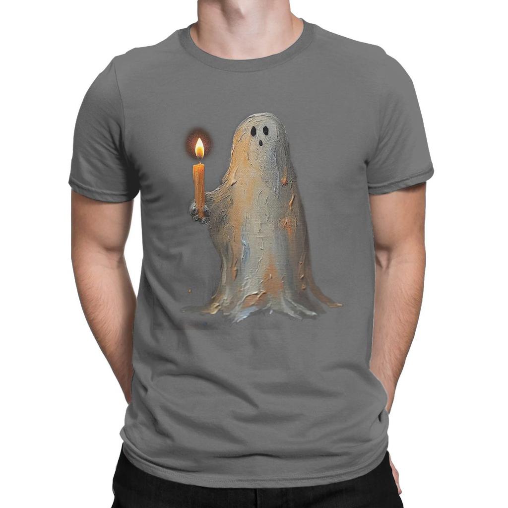 Ghost Holding A Cancle Halloween T Shirt for Unisex 100% Cotton Casual Round Neck Tee Shirt Short Sleeve Clothing Graphic Printed