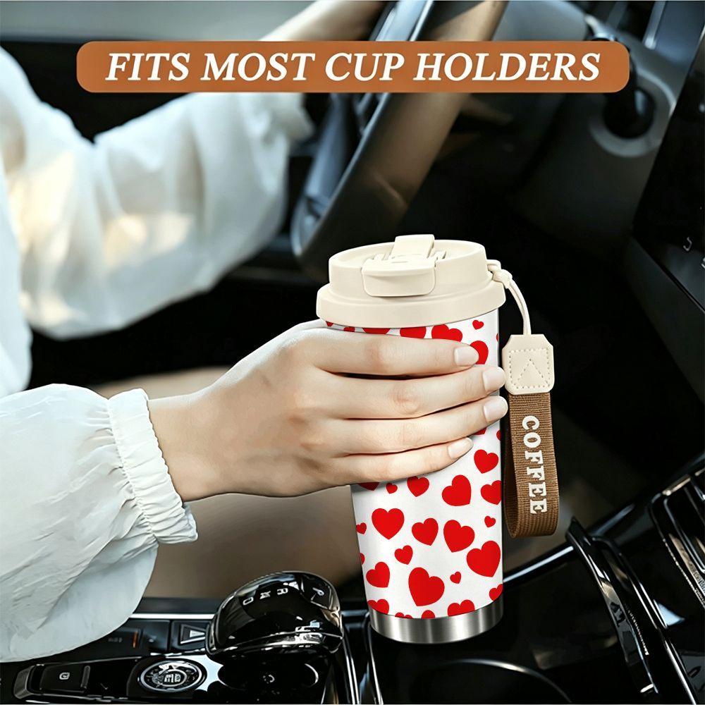 Cute Red Heart Pattern Travel Stainless Steel Insulated Coffee Tumbler Reusable Vacuum Thermal Mug for Gift Daily Commute Office School