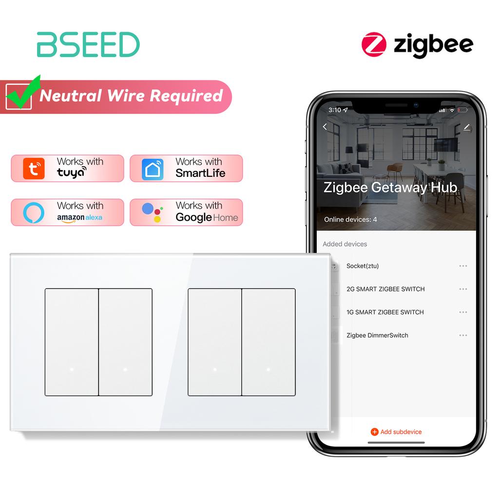BSEED ZigBee Выключатели Настенные Умные Щелчковые Выключатели Света Желтая Подсветка Стеклянная Рамка Приложение Tuya Выключатель EU Настенные Розетки с USB