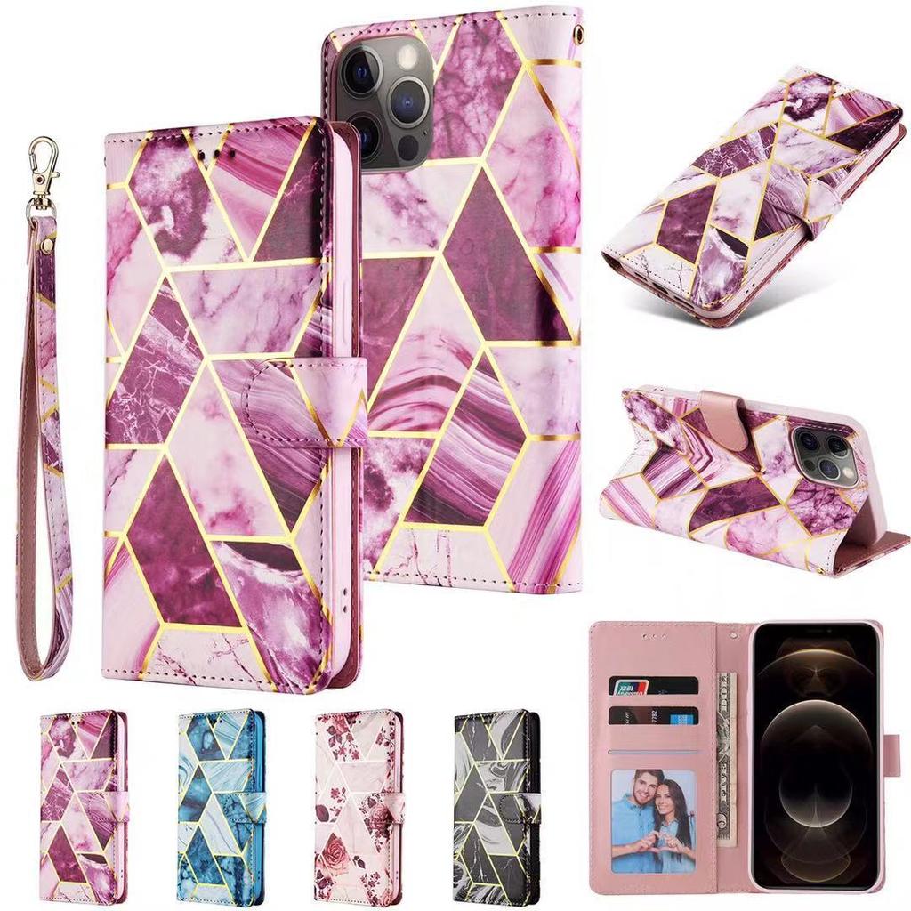 Luxury Marble Wallet Case with Hand Strap for iPhone 16 15 14 13 12 11 Samsung S25 S24 S23 S22 A36 A56 A55 A35 A15 A54 Xiaomi Redmi Note 13 12 11