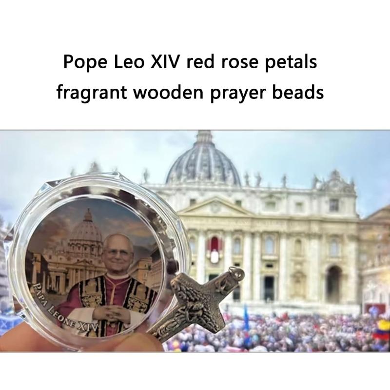 Деревянные бусины розария с ароматом розы и медальоном Папы Льва, деревянный католический розарий, бусины, христианские подвески, ожерелье для молитвы