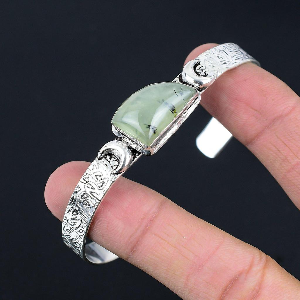 Gift For Women Bangle Crescent Moon Adjustable 925 Silver Natural Moss Prehnite