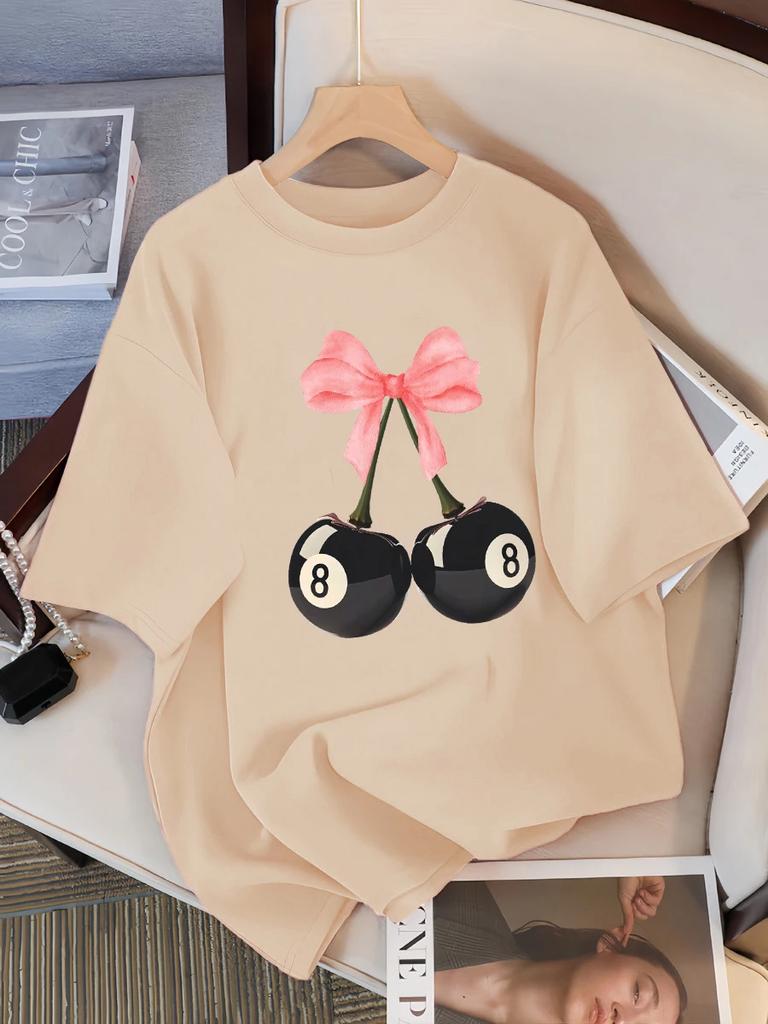 Pink Bow Black Billiards 8 Cherry Pattern Women's T-shirt Summer Fashion T-shirt Round Neck Top Soft Loose Short Sleeve