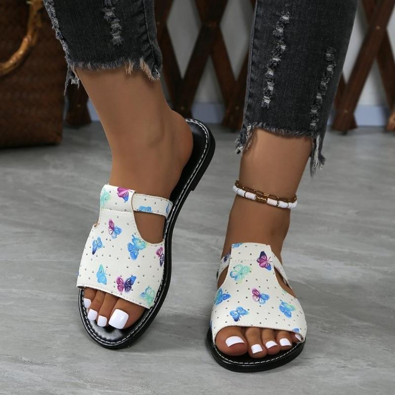 Модные летние новые сандалии с принтом бабочек на плоской подошве, легкие, дышащие, нескользящие