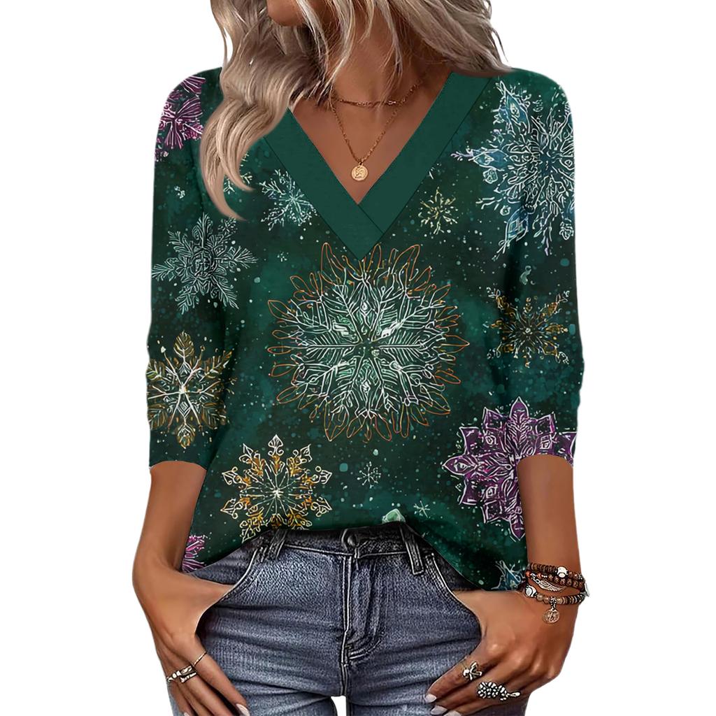 Women's Loose Comfortable Casual Fashion V-Neck Christmas Print 3/4 Sleeve Top