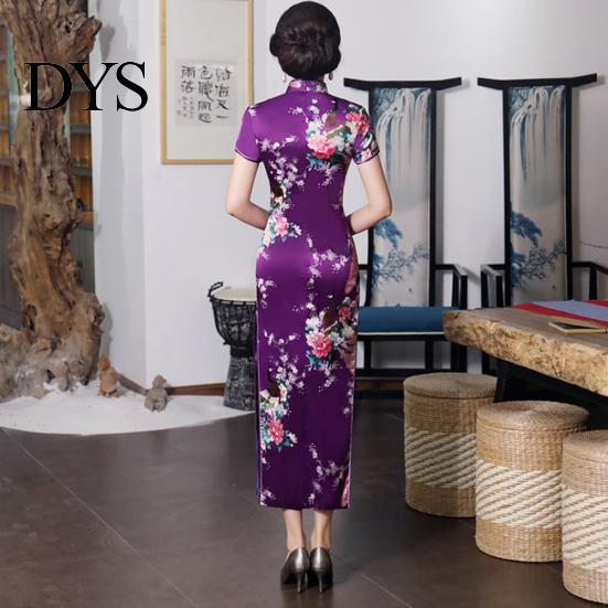 Женское длинное китайское длинное вечернее платье Cheongsam с коротким рукавом и принтом павлина