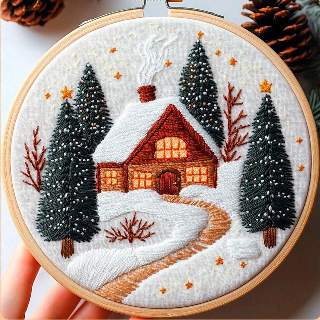 1set Christmas Cozy Cottage Kit DIY Embroidery Materials and Tools Suitable for Beginners, Stitching Tutorial, Hand Embroidery Fabric Material Set