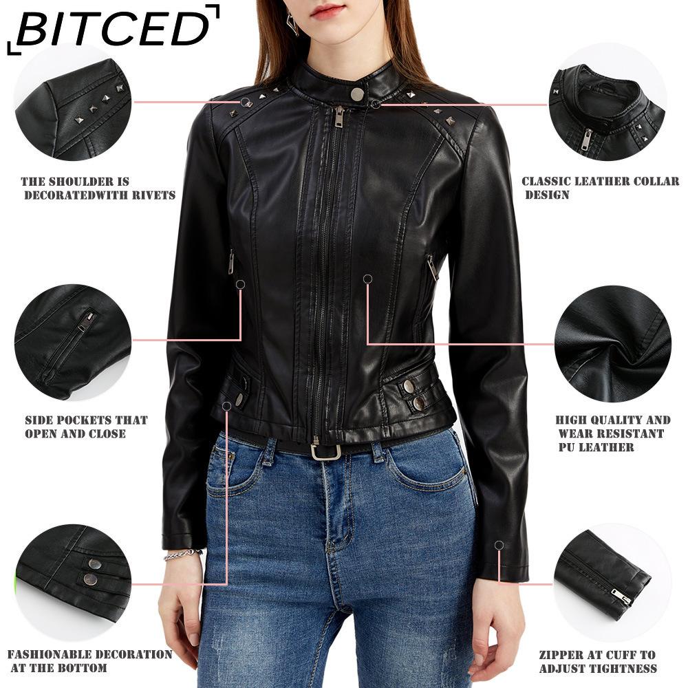 BITCED Женская кожаная куртка с шипами Весна/Осень С длинным рукавом Стойка воротник Модная куртка