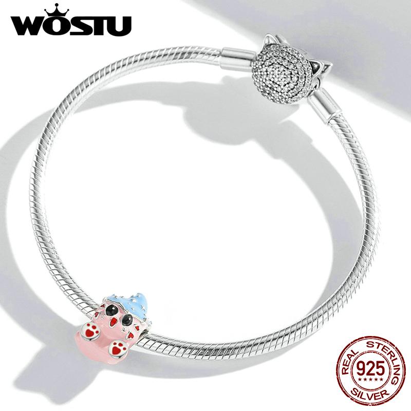 WOSTU Cute Textured Fairy Pink Cat Baby Blue Hat 925 Sterling Silver Beads Fit Bracelet Bangle Fine Jewelry