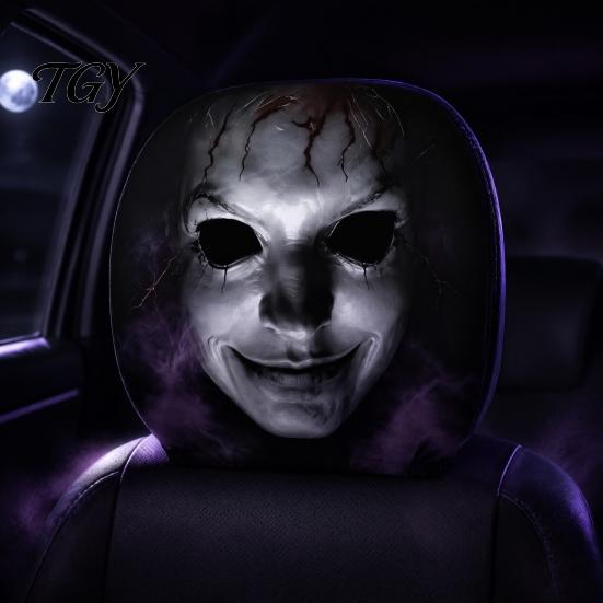 Seasonal Car Interior Decorations 2Pcs Funny Headrest Covers, Scary Faces Easy Install Auto Protector Seat Protectors, Universal Breathable