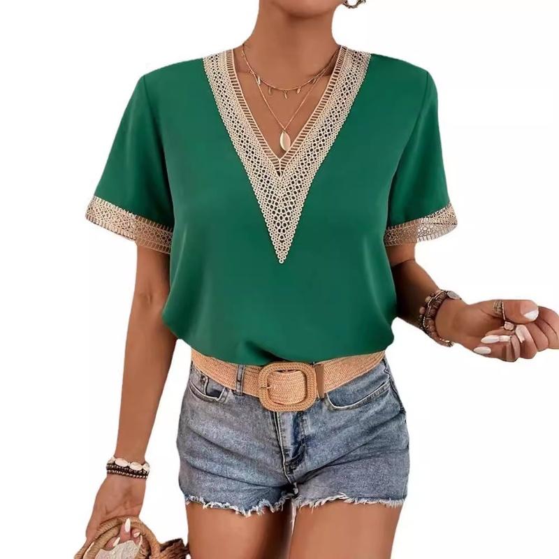 Women's V Neck Blouse Short Sleeve Lace Trim Loose Fit Casual Summer Top