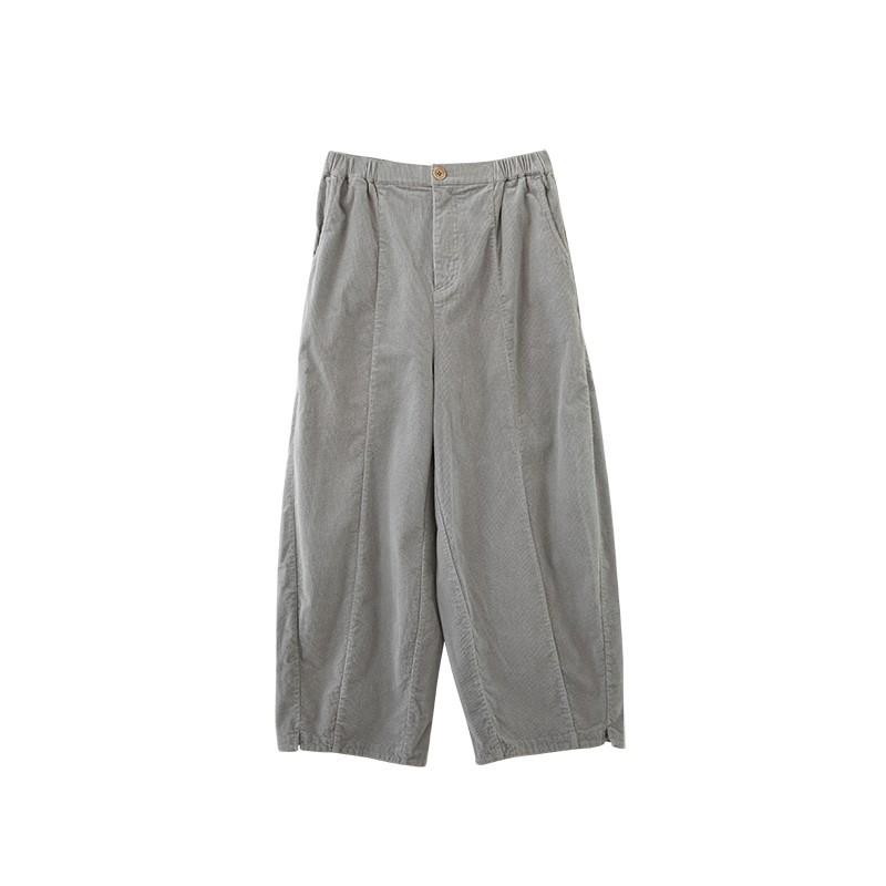 2024 Autumn/Winter Retro Earth Tone Corduroy Carrot Pants with Fur Trim and Elastic Waist