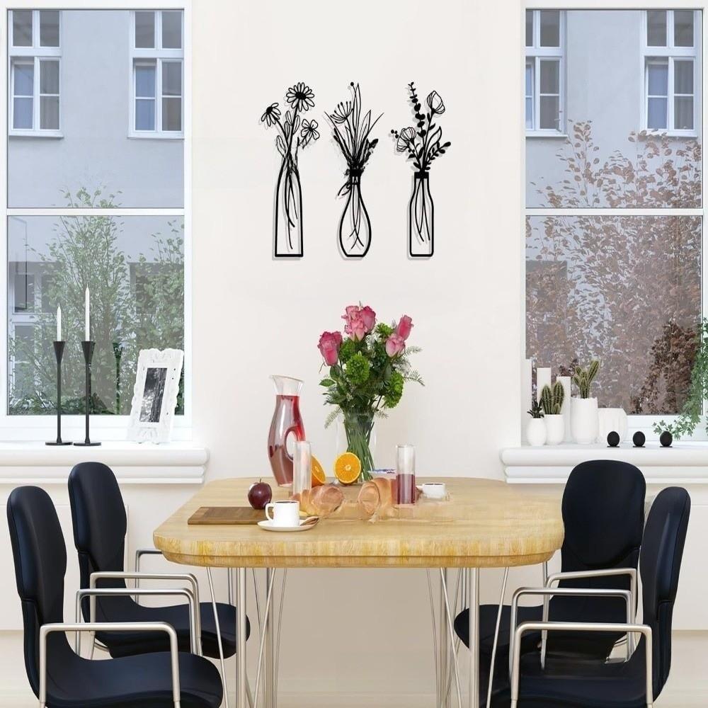 3 Pieces Set Metal Material Metal Flowers Wall Art 3D Boho Farmhouse Floral Decor Vase Design 3D Flower Vase Living Room