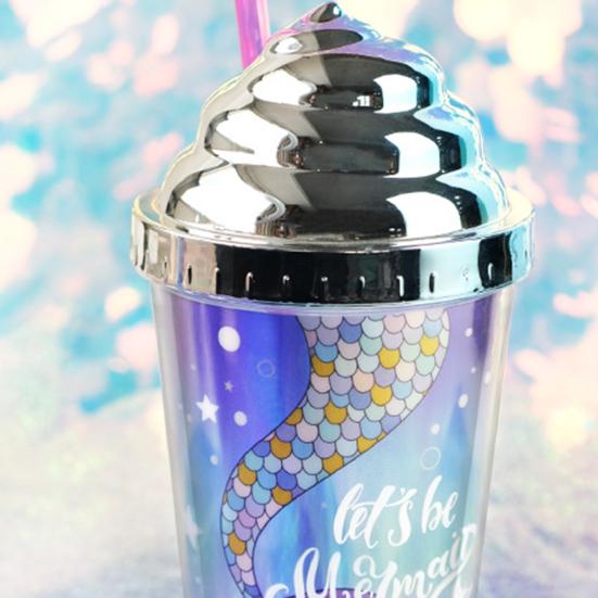 Стакан для воды 420 мл с соломинкой, двухстенный, с термоизоляцией, не содержит БФА, герметичный, пластиковый, с рисунком русалки, поильник для школы