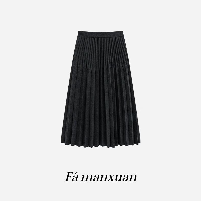 FAMANXUAN Французская ретро юбка-миди А-силуэта из смесовой шерсти, плиссированная, с высокой талией