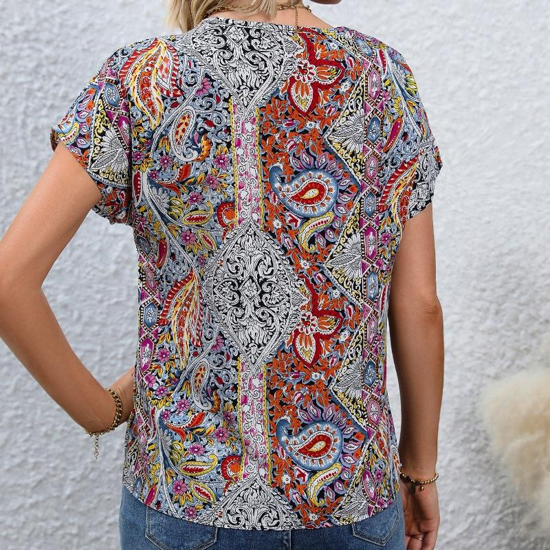 Богемная летняя женская блузка с принтом в стиле ретро, ​​повседневные топы, элегантные пляжные свободные рубашки с коротким рукавом для женщин, модные праздничные женские блузки 24482