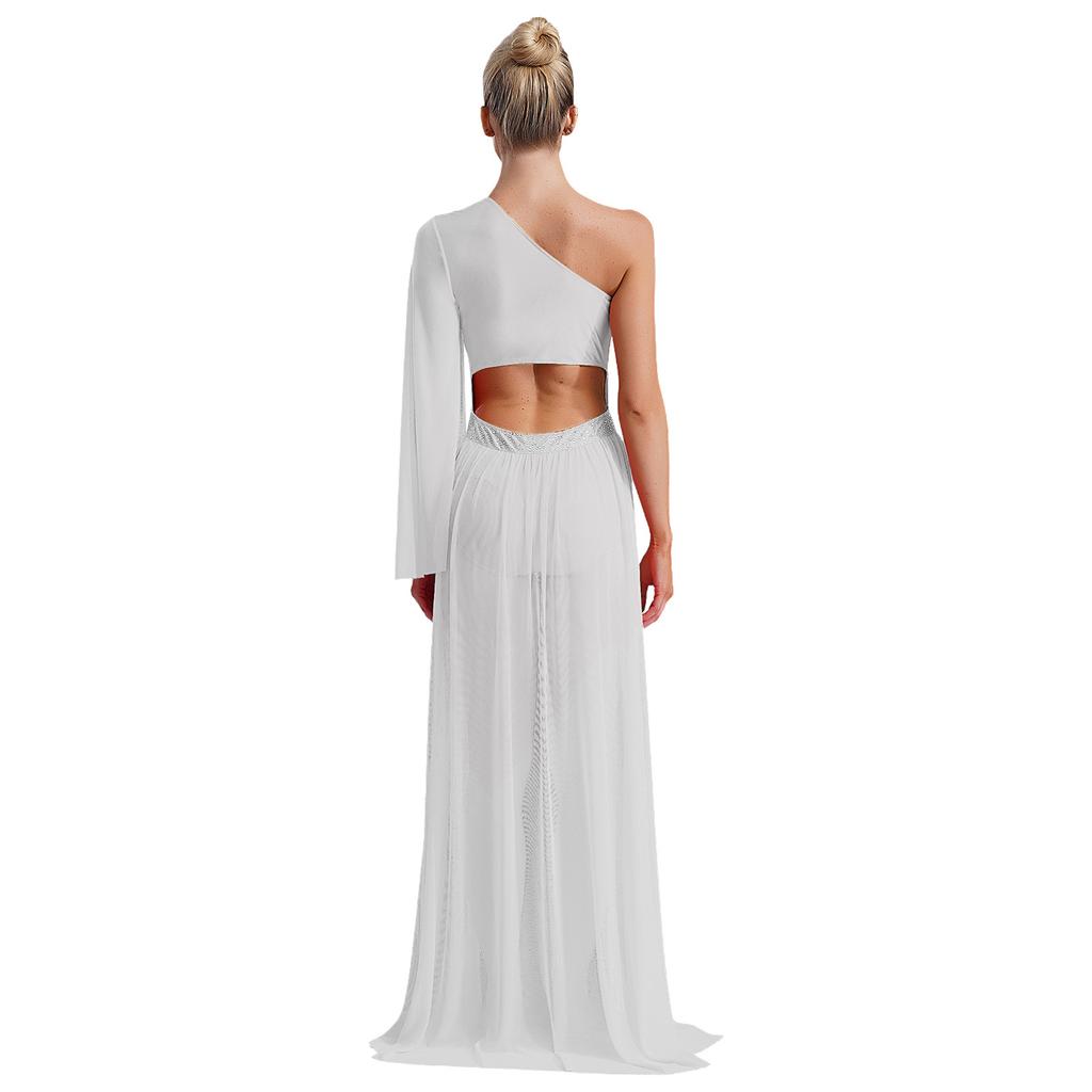 Women's One Shoulder Lyrical Dance Dress Sheer Mesh Flared Sleeve with Shiny Rhinestones Flowy Split