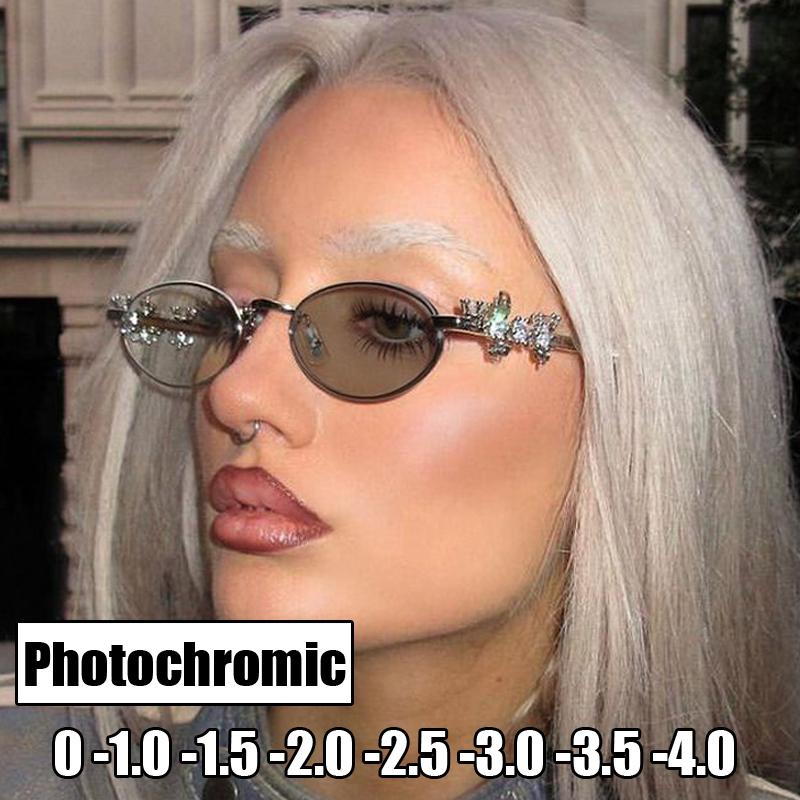 New Trendy Ladies Pochromic Myopia Glasses Luxury Diamond Oval Frame Near Sight Eyeglasses Finished Minus Sunglasses Diopter