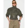 Womens Faux Suede Short Moto Jacket Belted Stand Collar Retro Workwear Zip Coat
