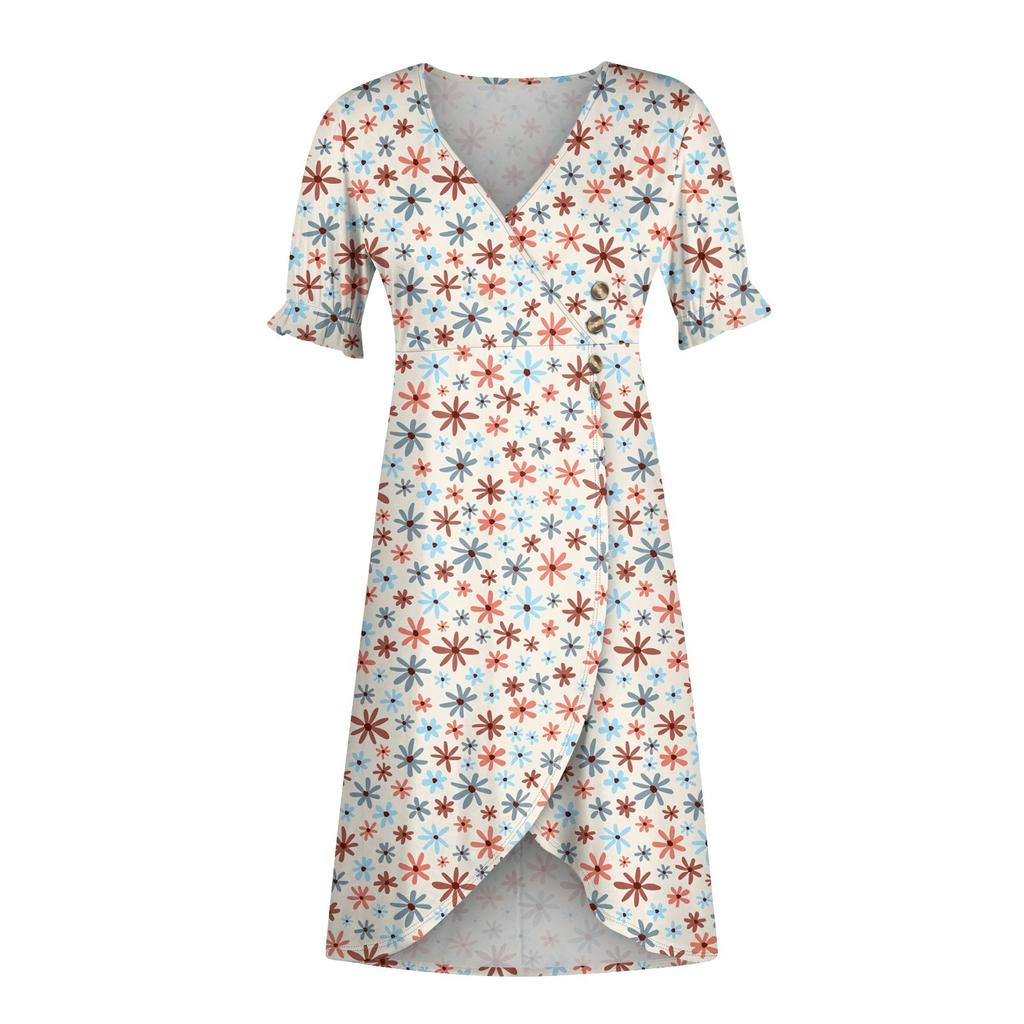 Women's Summer Casual Dress V Neck A-line Boho Ditsy Floral Flounce Sleeve Wrap Hem Dress