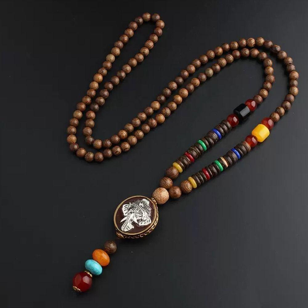 Ожерелье из деревянных бусин со слоном Женское ожерелье Буддийские украшения Аксессуары Длинная цепочка для свитера