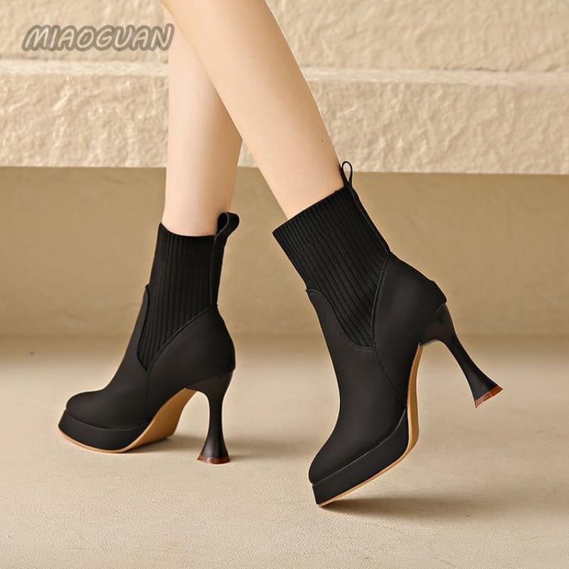 Fashion High-heeled Short Boots Spring and Autumn Pointed Toe Elastic Stocking Ankle Boots for Women Splicing Slip On Botas Femininas