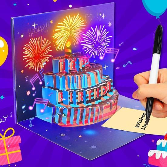 3D вылетающая открытка на день рождения Светящаяся музыкальная открытка с днем ​​рождения с дизайном торта Интерактивная открытка на день рождения