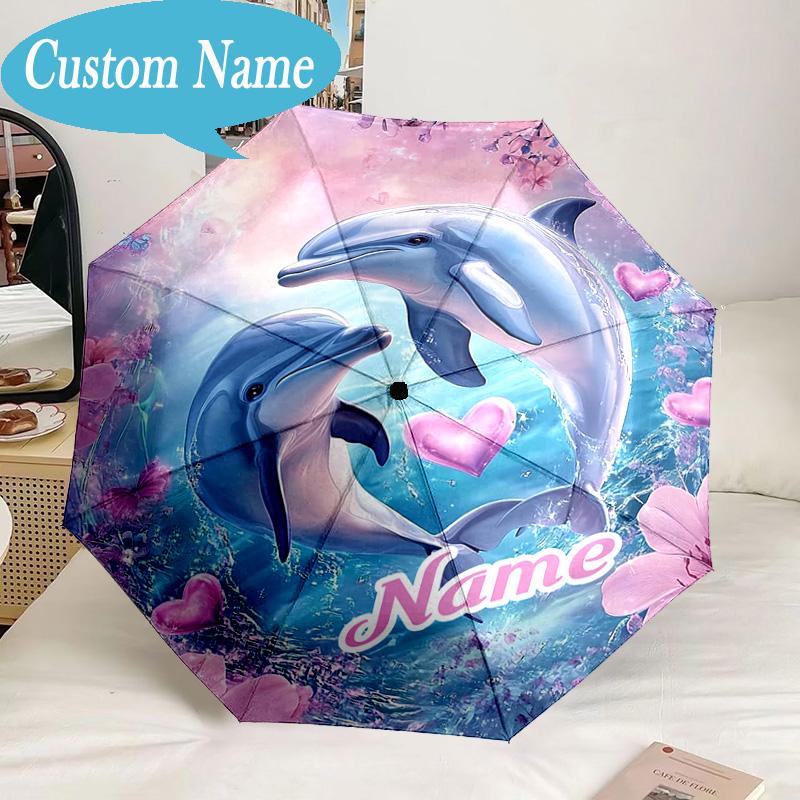 Custom Name Umbrella Love Dolphins Heart Umbrella 8-Frame for Travel, Camping, Casual Lightweight Portable, Essential for Family Gifts
