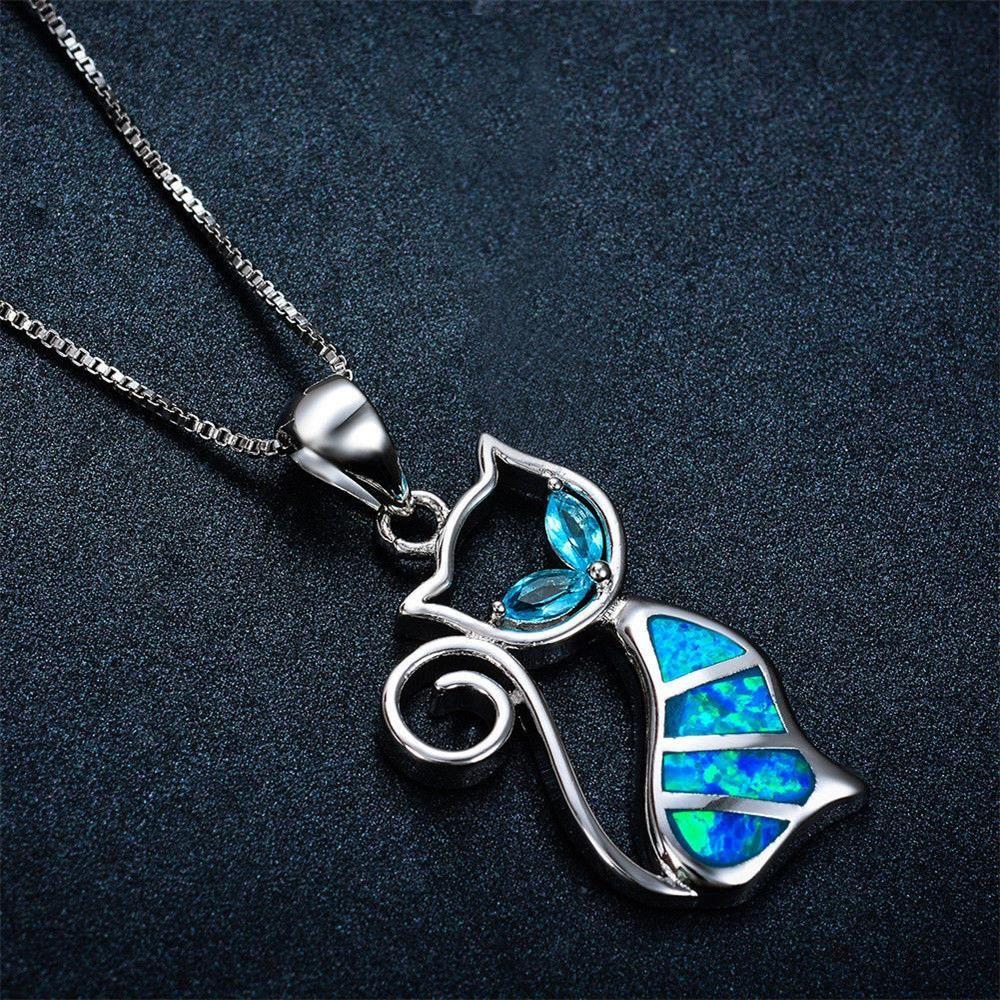 Exquisite Women Fashion Chain Cat Pendant Earrings Jewelry Opal Necklace