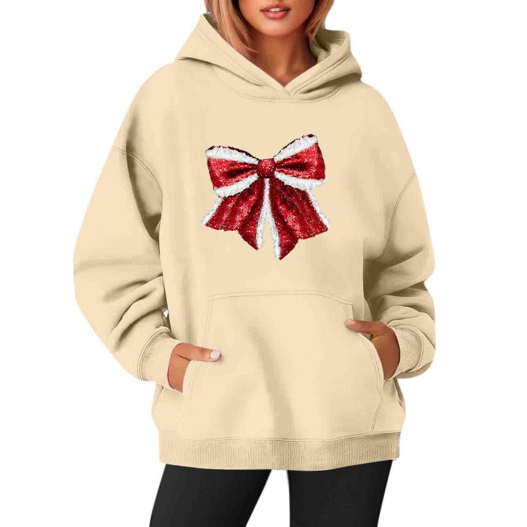 Women's Sweatshirts O-neck Long Sleeve Christmas Printed Top Solid Color Hoodie