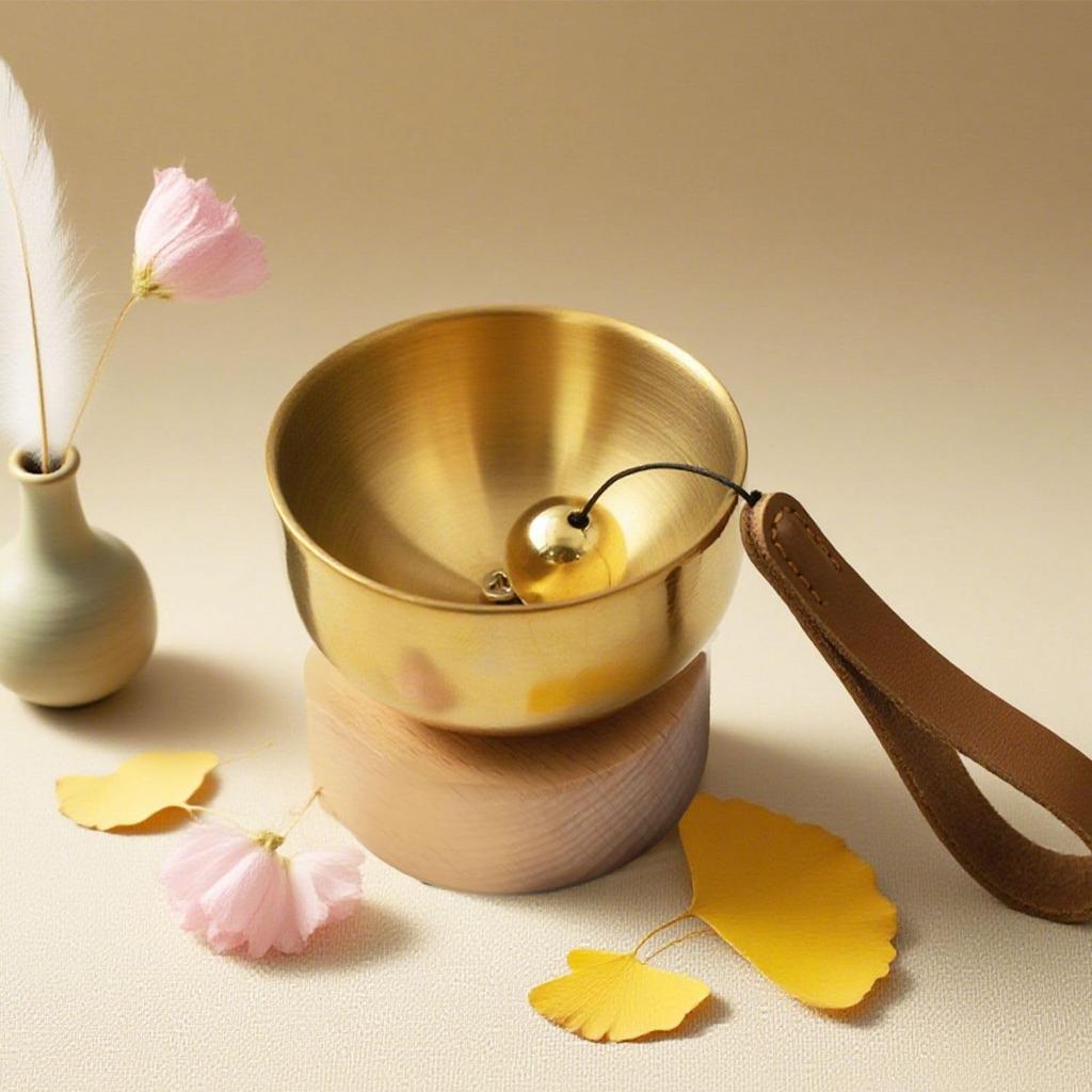 KKLM Buddhist Altar Bell, Pet Bell, Beautifully Resonant Tone, Mini Pet Bell Set, Made of Brass and Natural Wood, Beautifully Sounding, Modern